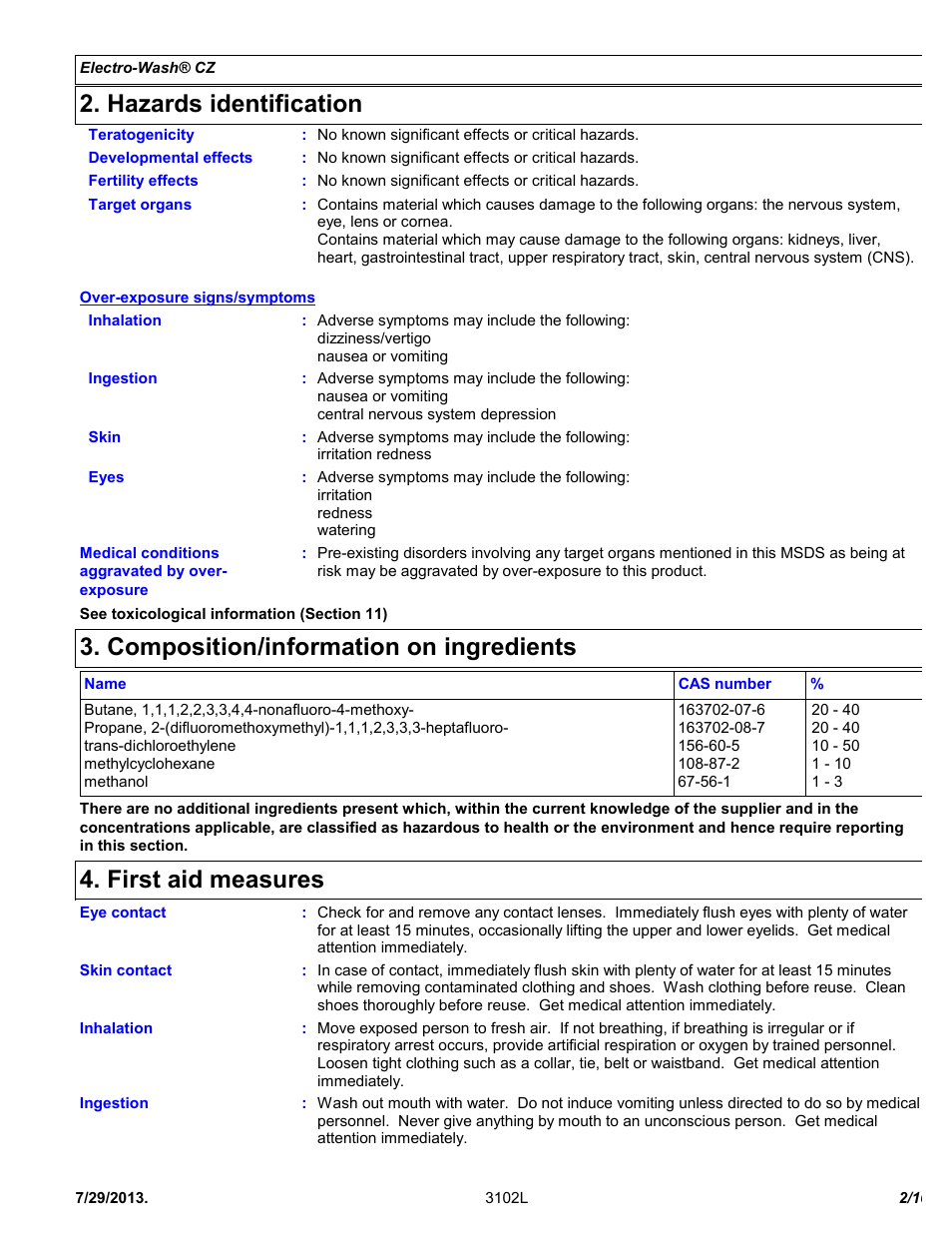 Hazards identification, Composition/information on ingredients, First aid measures | Chemtronics Electro-Wash CZ ES7101 User Manual | Page 2 / 10