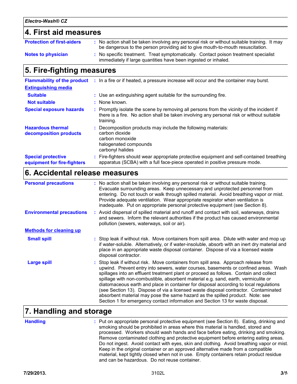 First aid measures, Fire-fighting measures, Accidental release measures | Handling and storage | Chemtronics Electro-Wash CZ ES7101 User Manual | Page 3 / 10