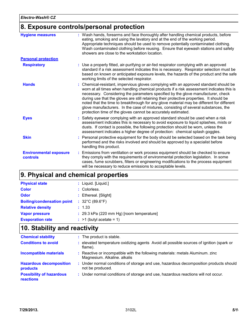 Exposure controls/personal protection, Physical and chemical properties, Stability and reactivity | Chemtronics Electro-Wash CZ ES7101 User Manual | Page 5 / 10