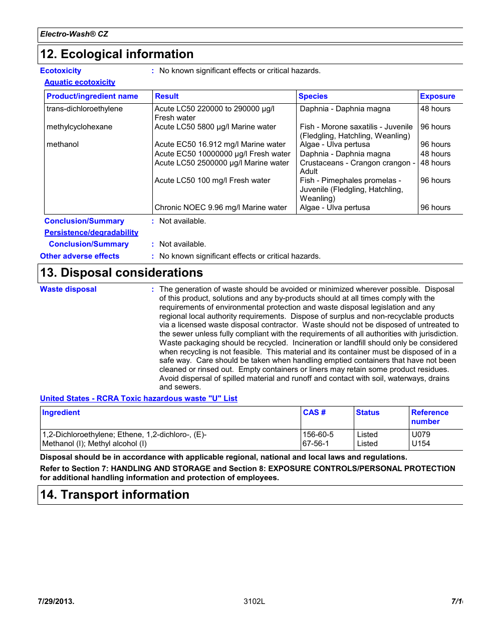 Ecological information, Disposal considerations, Transport information | Chemtronics Electro-Wash CZ ES7101 User Manual | Page 7 / 10