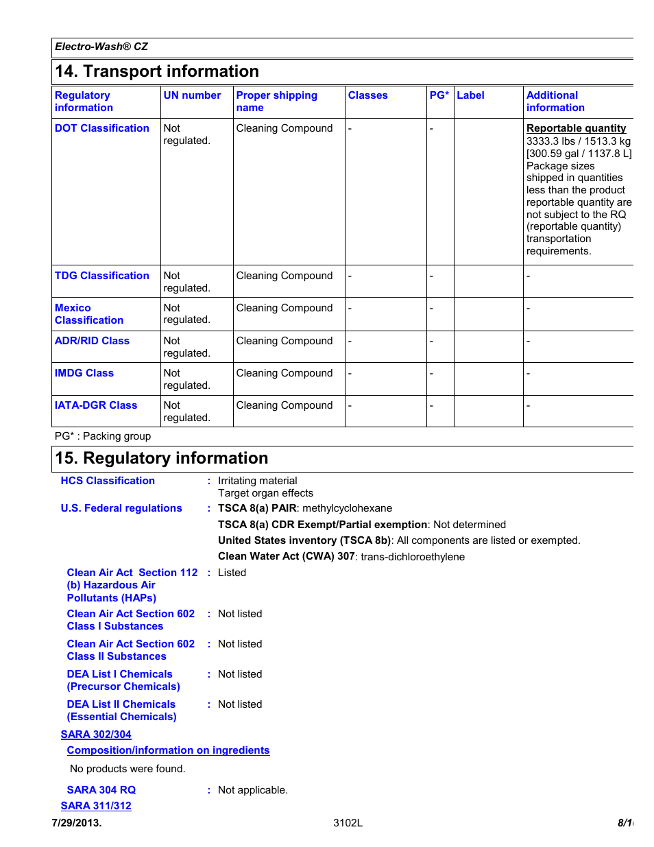Transport information, Regulatory information | Chemtronics Electro-Wash CZ ES7101 User Manual | Page 8 / 10