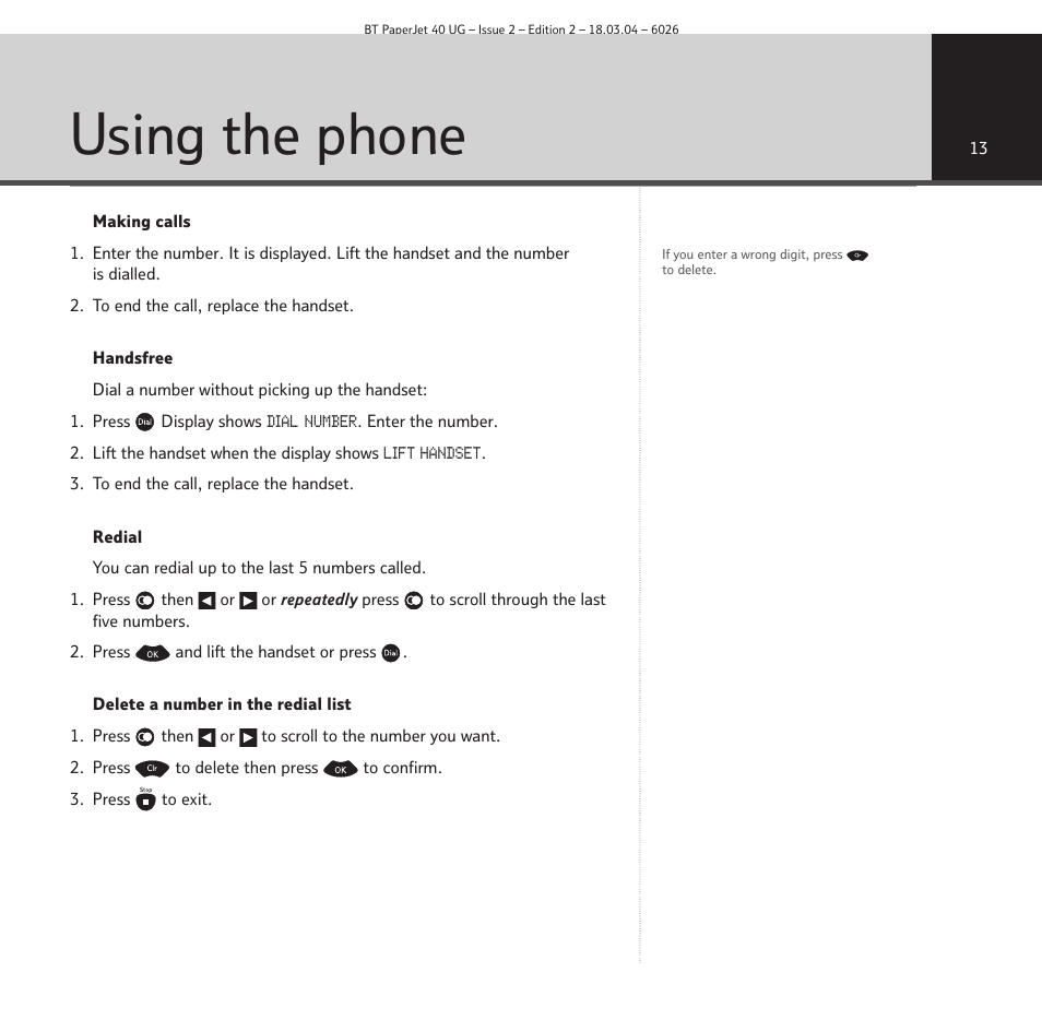 Using the phone | BT PaperJet 40 User Manual | Page 13 / 52