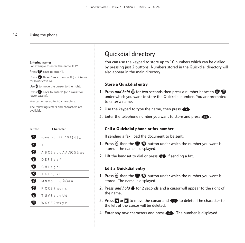 Quickdial directory | BT PaperJet 40 User Manual | Page 14 / 52