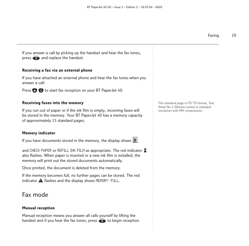 Fax mode | BT PaperJet 40 User Manual | Page 19 / 52