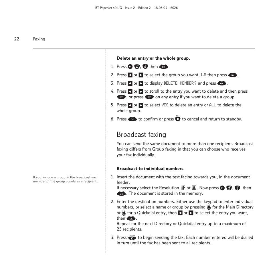Broadcast faxing | BT PaperJet 40 User Manual | Page 22 / 52