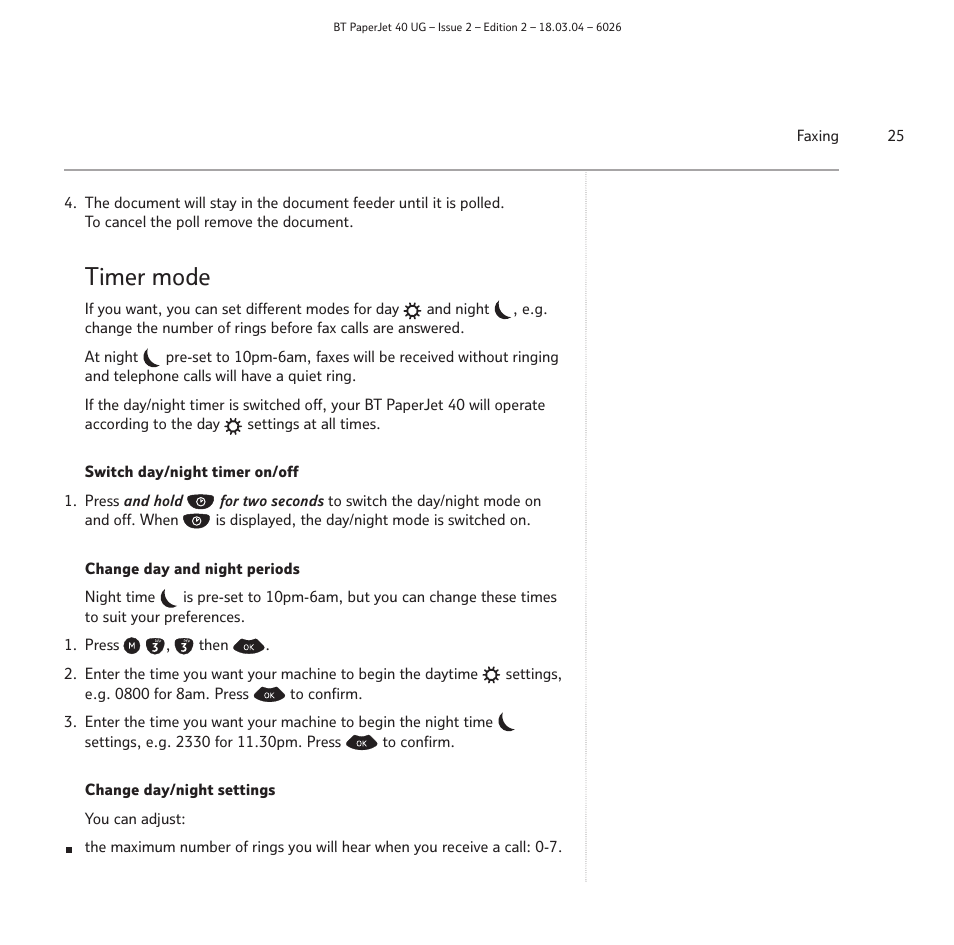 Timer mode | BT PaperJet 40 User Manual | Page 25 / 52