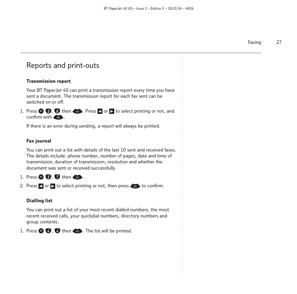 Reports and print-outs | BT PaperJet 40 User Manual | Page 27 / 52