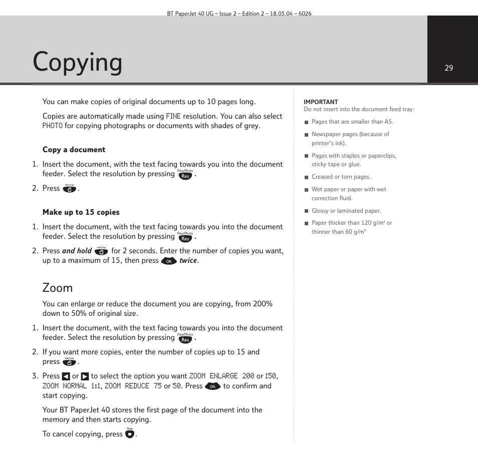 Copying, Zoom | BT PaperJet 40 User Manual | Page 29 / 52