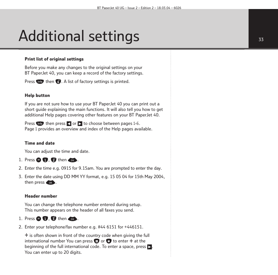 Additional settings | BT PaperJet 40 User Manual | Page 33 / 52