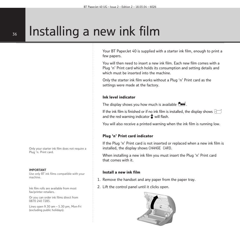 Installing a new ink film | BT PaperJet 40 User Manual | Page 36 / 52