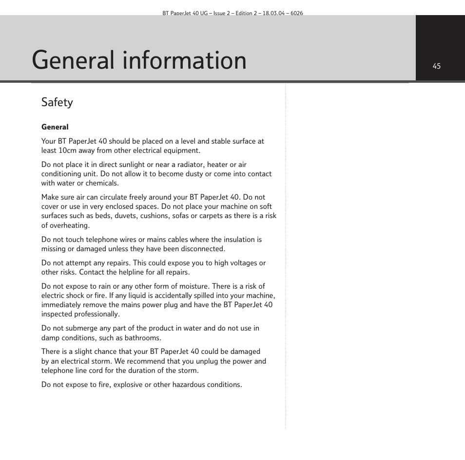 General information, Safety | BT PaperJet 40 User Manual | Page 45 / 52