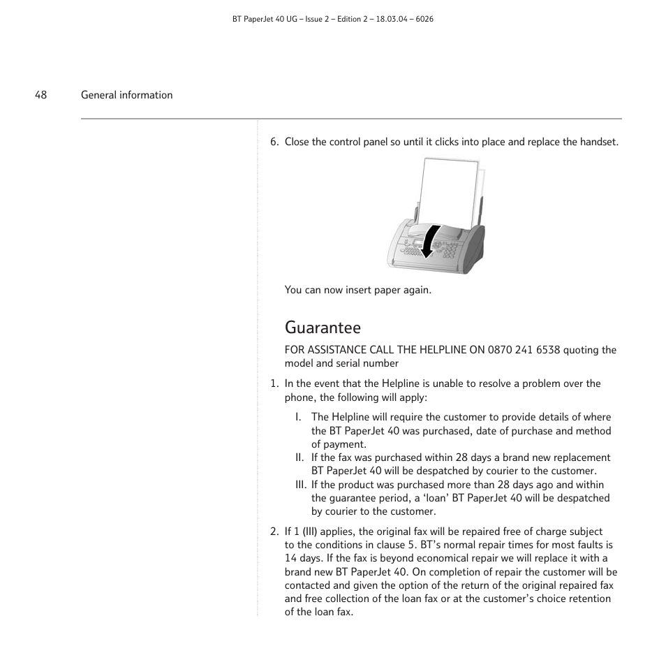 Guarantee | BT PaperJet 40 User Manual | Page 48 / 52