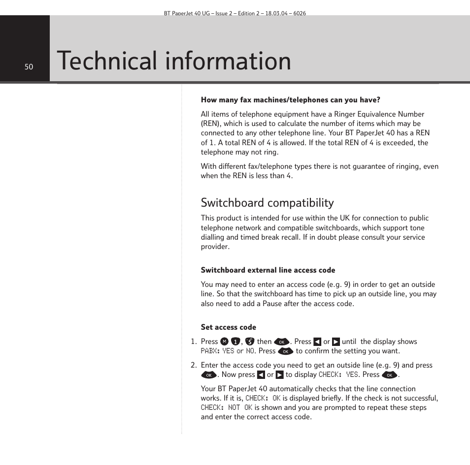 Technical information, Switchboard compatibility | BT PaperJet 40 User Manual | Page 50 / 52
