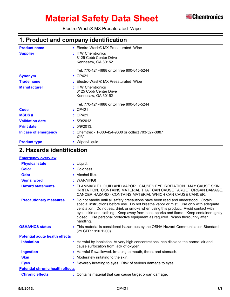 Chemtronics Electro-Wash MX Presaturated Wipe CP421 User Manual | 11 pages