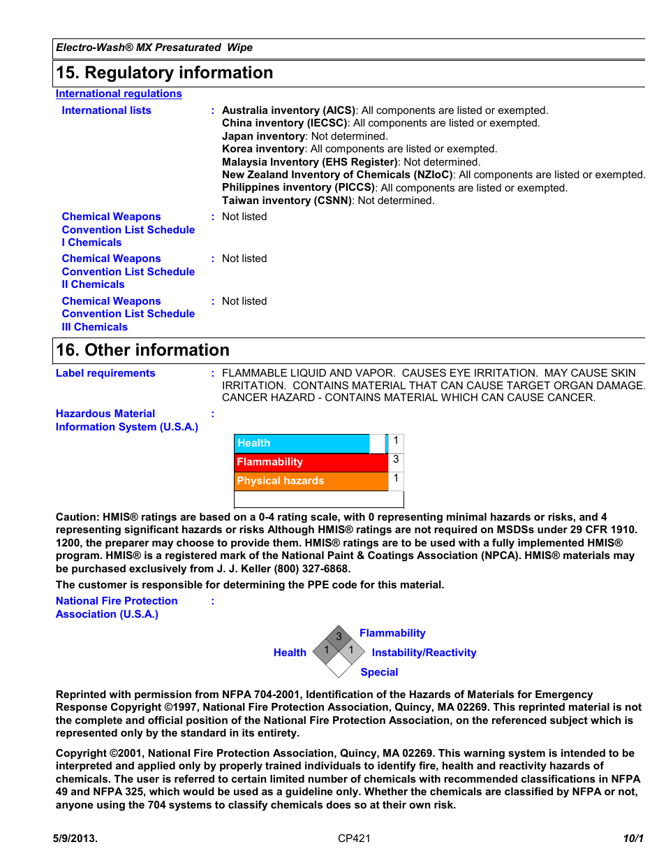 Regulatory information, Other information | Chemtronics Electro-Wash MX Presaturated Wipe CP421 User Manual | Page 10 / 11