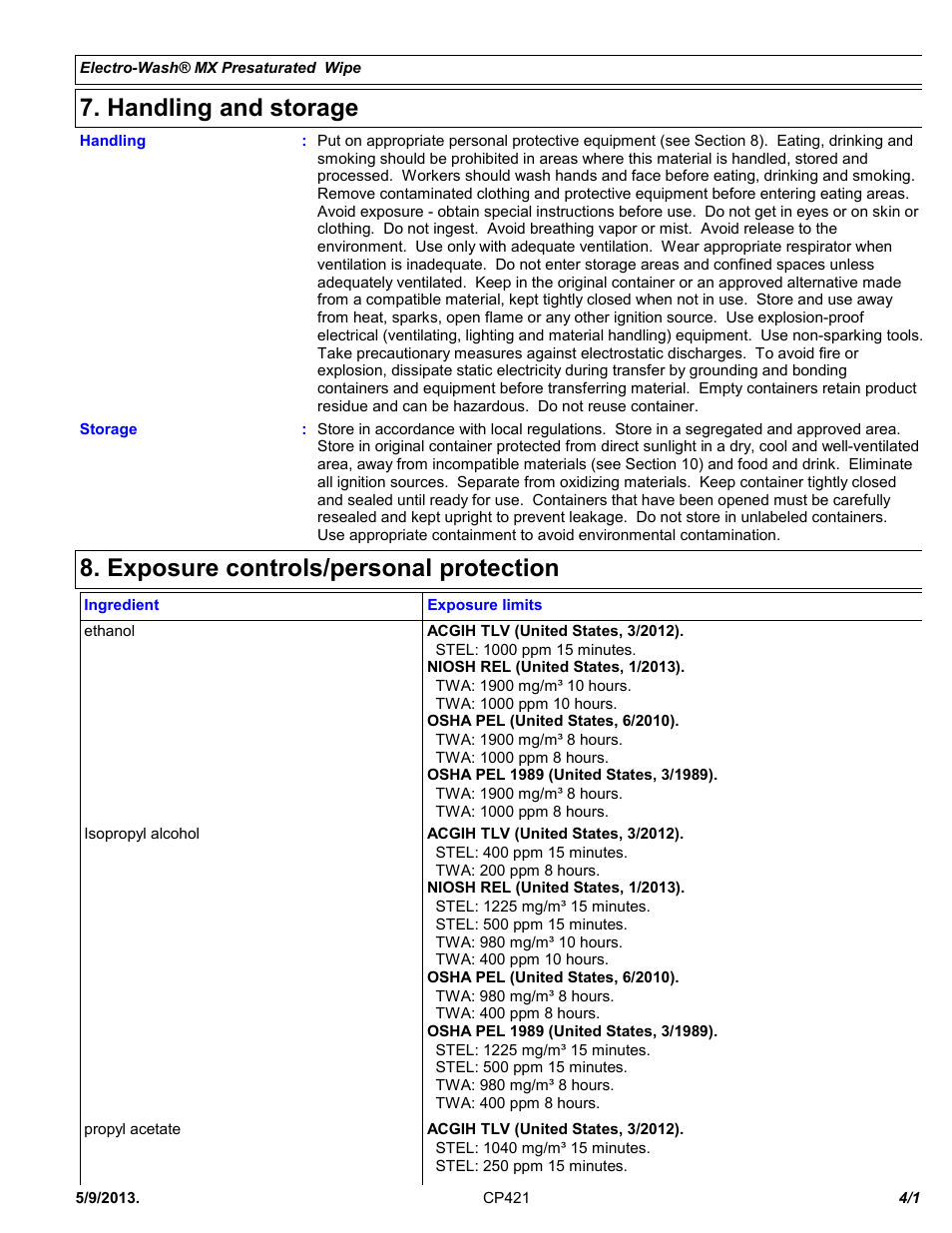Handling and storage, Exposure controls/personal protection | Chemtronics Electro-Wash MX Presaturated Wipe CP421 User Manual | Page 4 / 11
