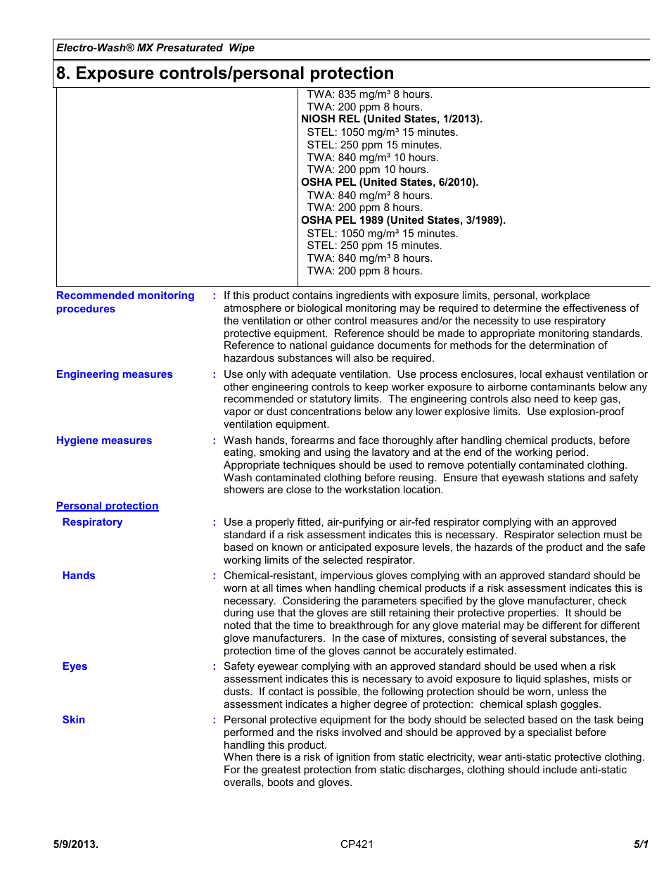 Exposure controls/personal protection | Chemtronics Electro-Wash MX Presaturated Wipe CP421 User Manual | Page 5 / 11