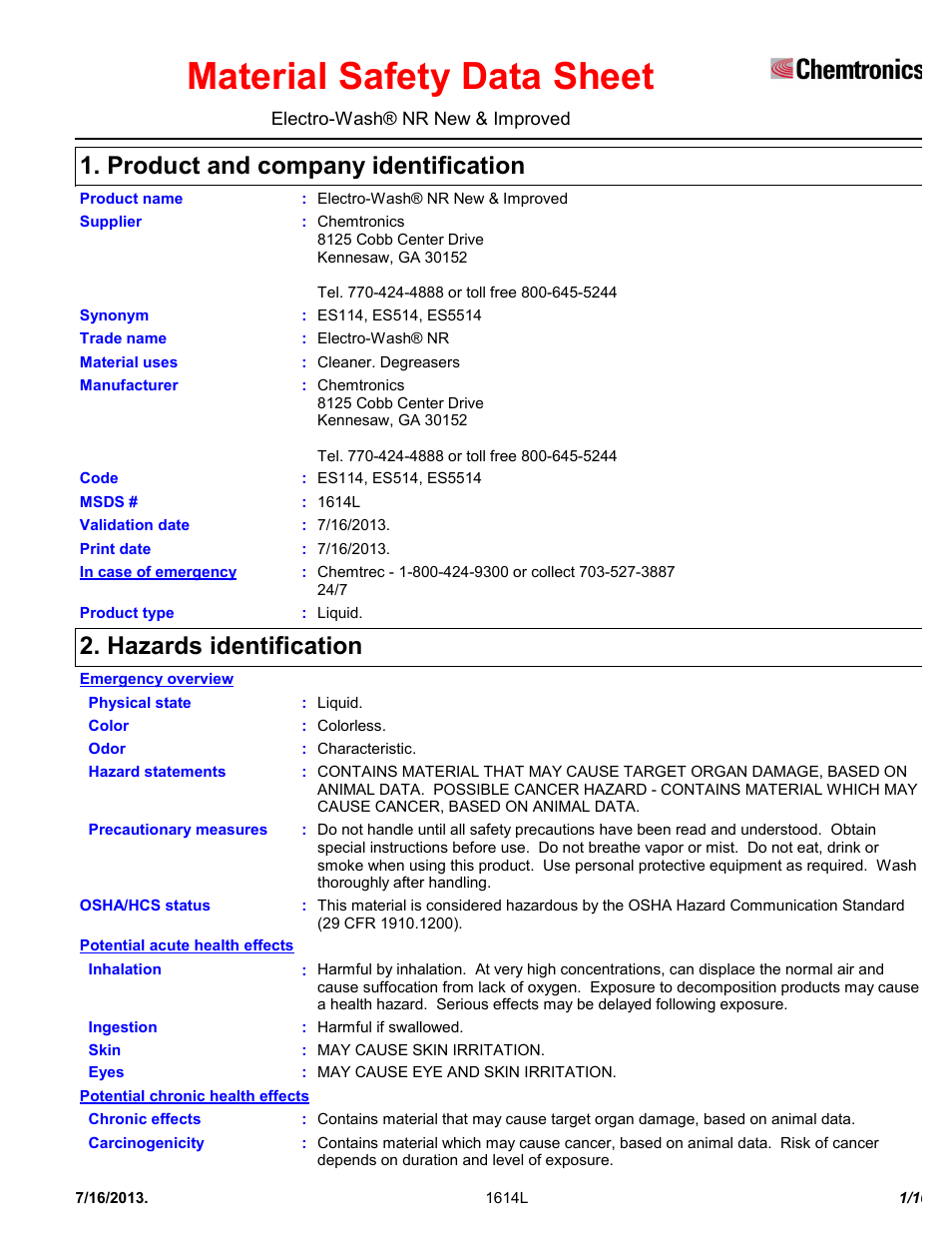 Chemtronics Electro-Wash NR ES5514 User Manual | 10 pages