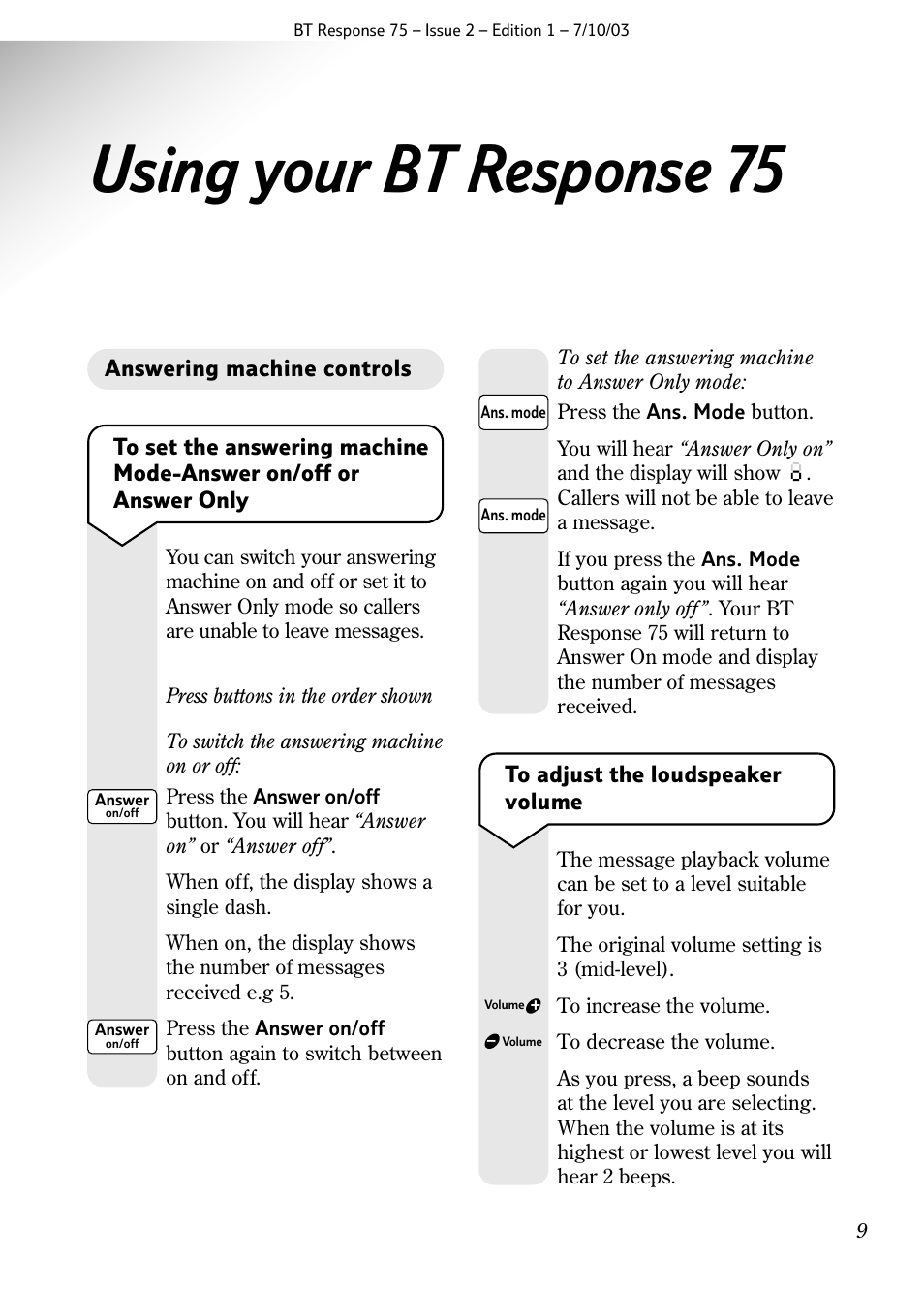Using your bt response 75 | BT 75 User Manual | Page 11 / 32