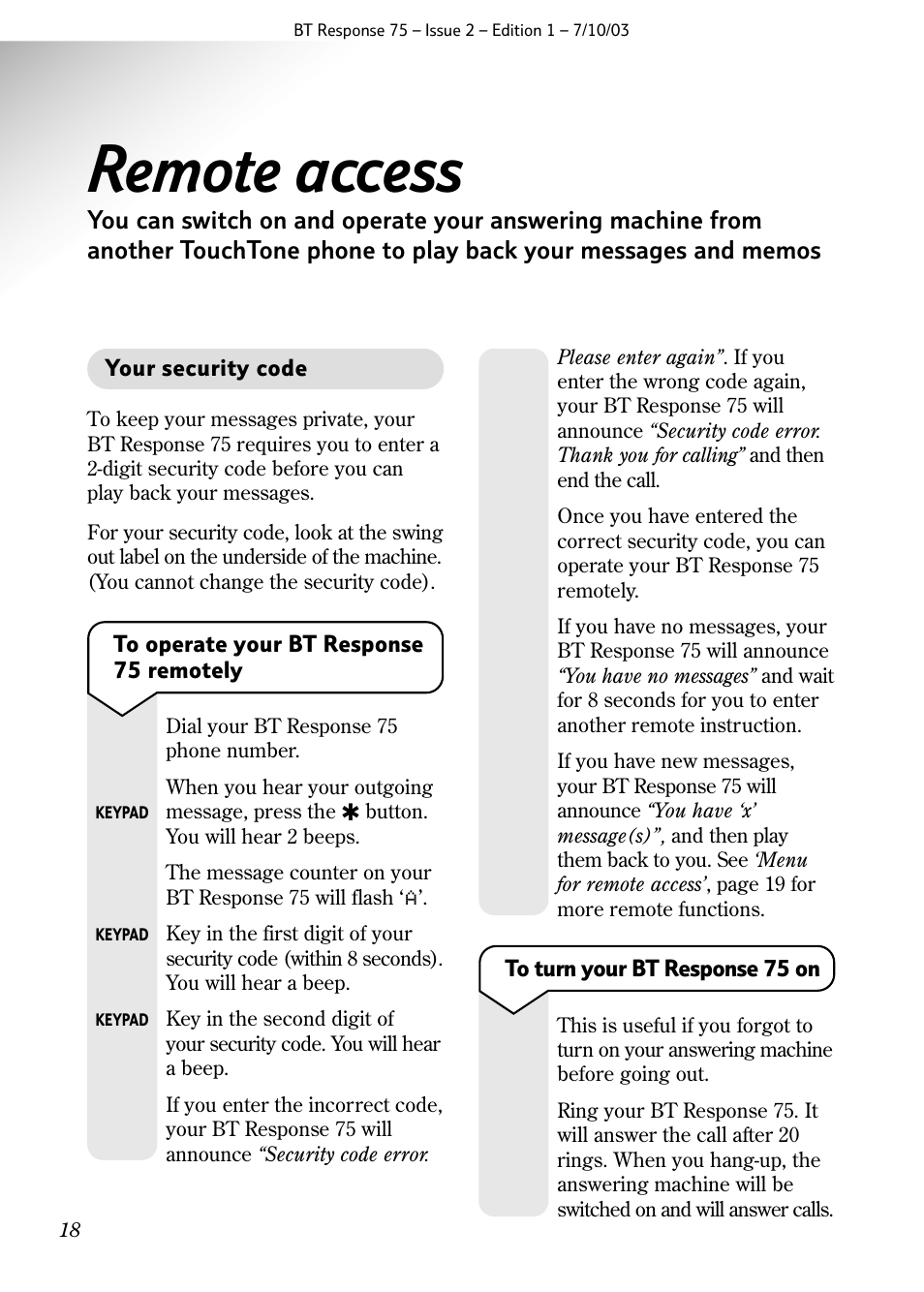 Remote access | BT 75 User Manual | Page 20 / 32