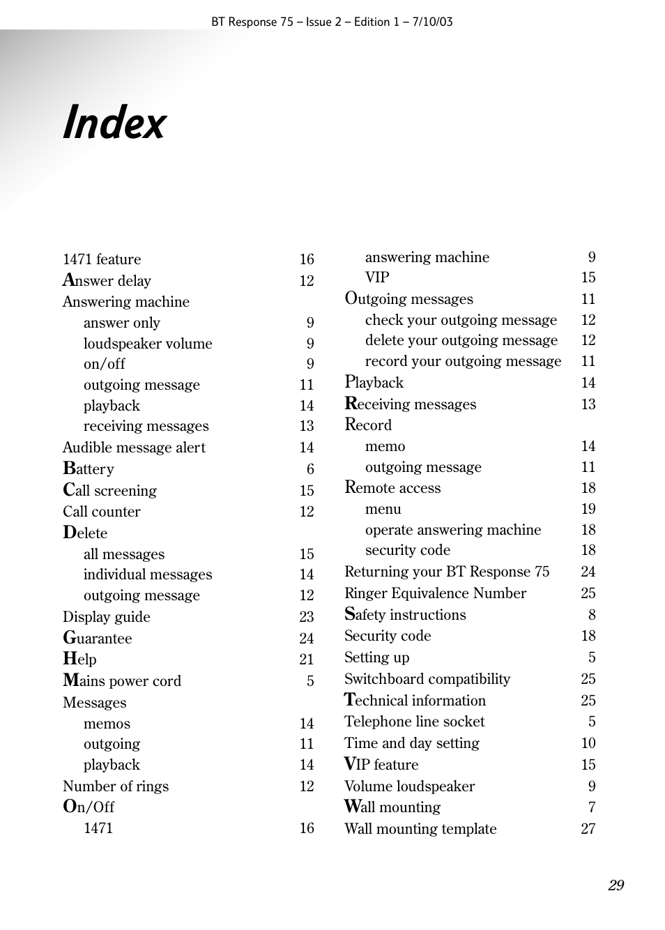 Index | BT 75 User Manual | Page 31 / 32