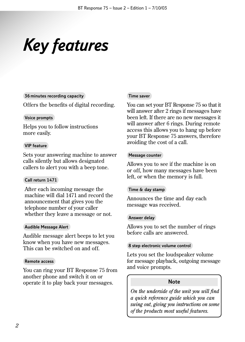 Key features | BT 75 User Manual | Page 4 / 32