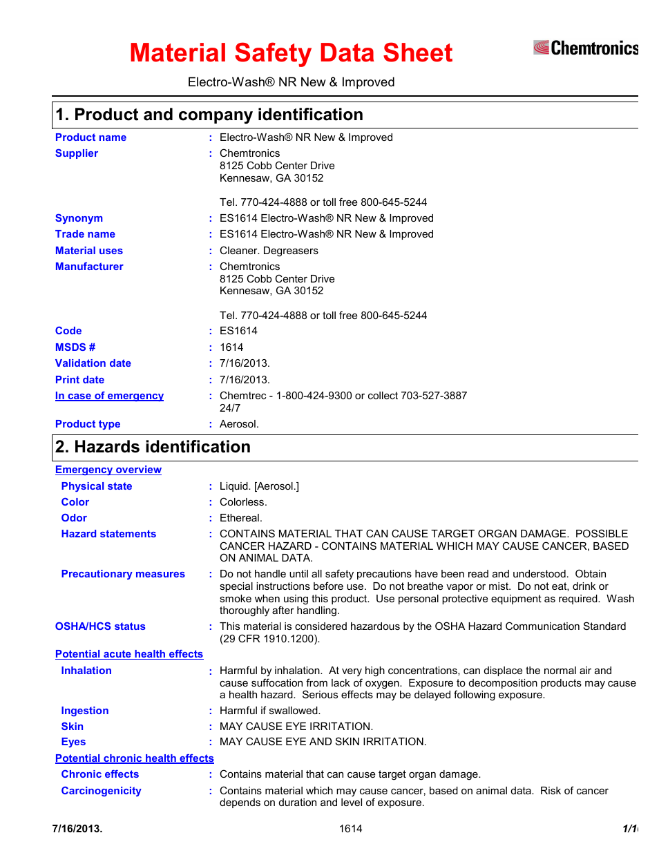 Chemtronics Electro-Wash NR ES1614 User Manual | 10 pages