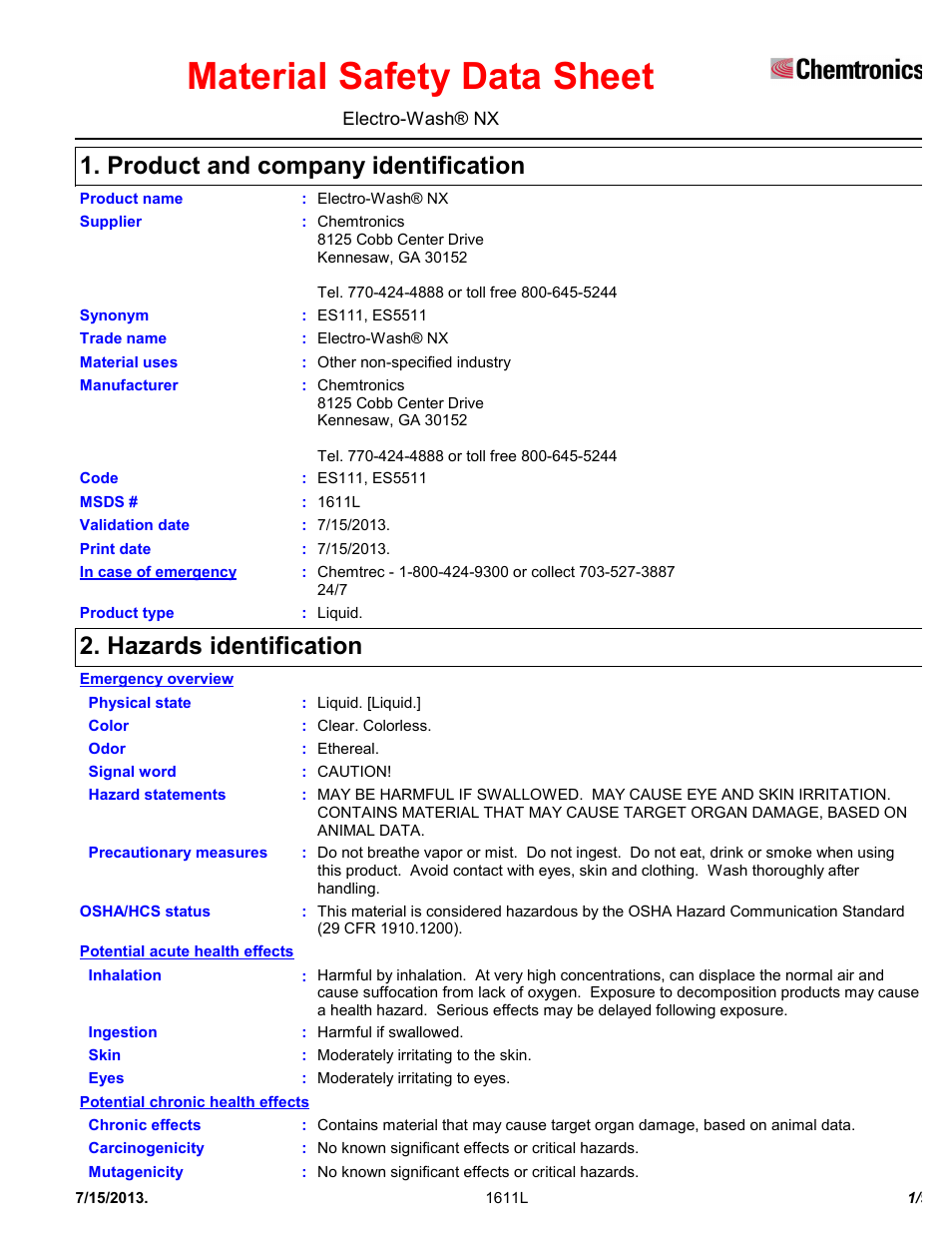Chemtronics Electro-Wash NX ES111 User Manual | 9 pages