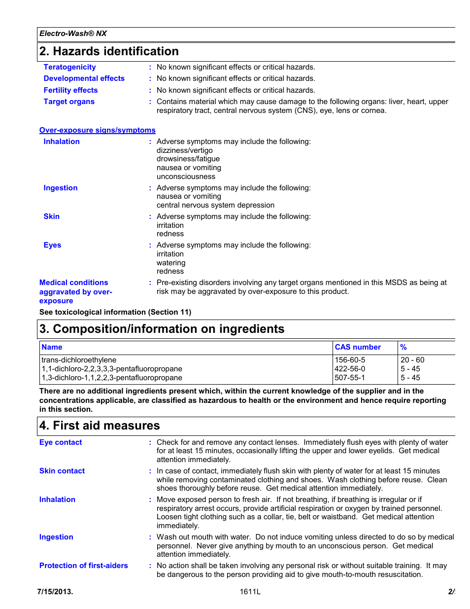 Hazards identification, Composition/information on ingredients, First aid measures | Chemtronics Electro-Wash NX ES111 User Manual | Page 2 / 9