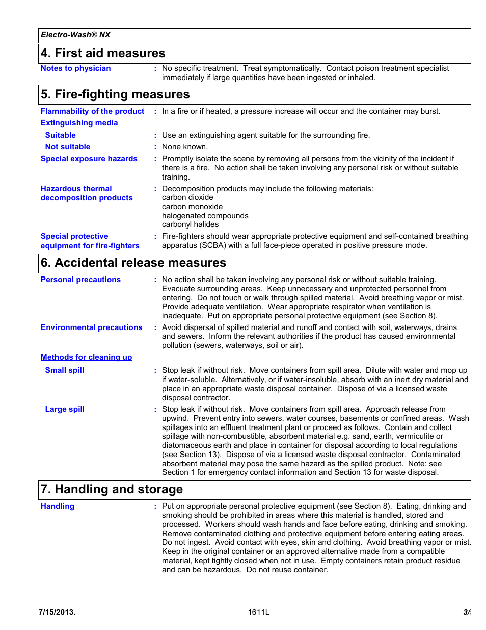 First aid measures, Fire-fighting measures, Accidental release measures | Handling and storage | Chemtronics Electro-Wash NX ES111 User Manual | Page 3 / 9