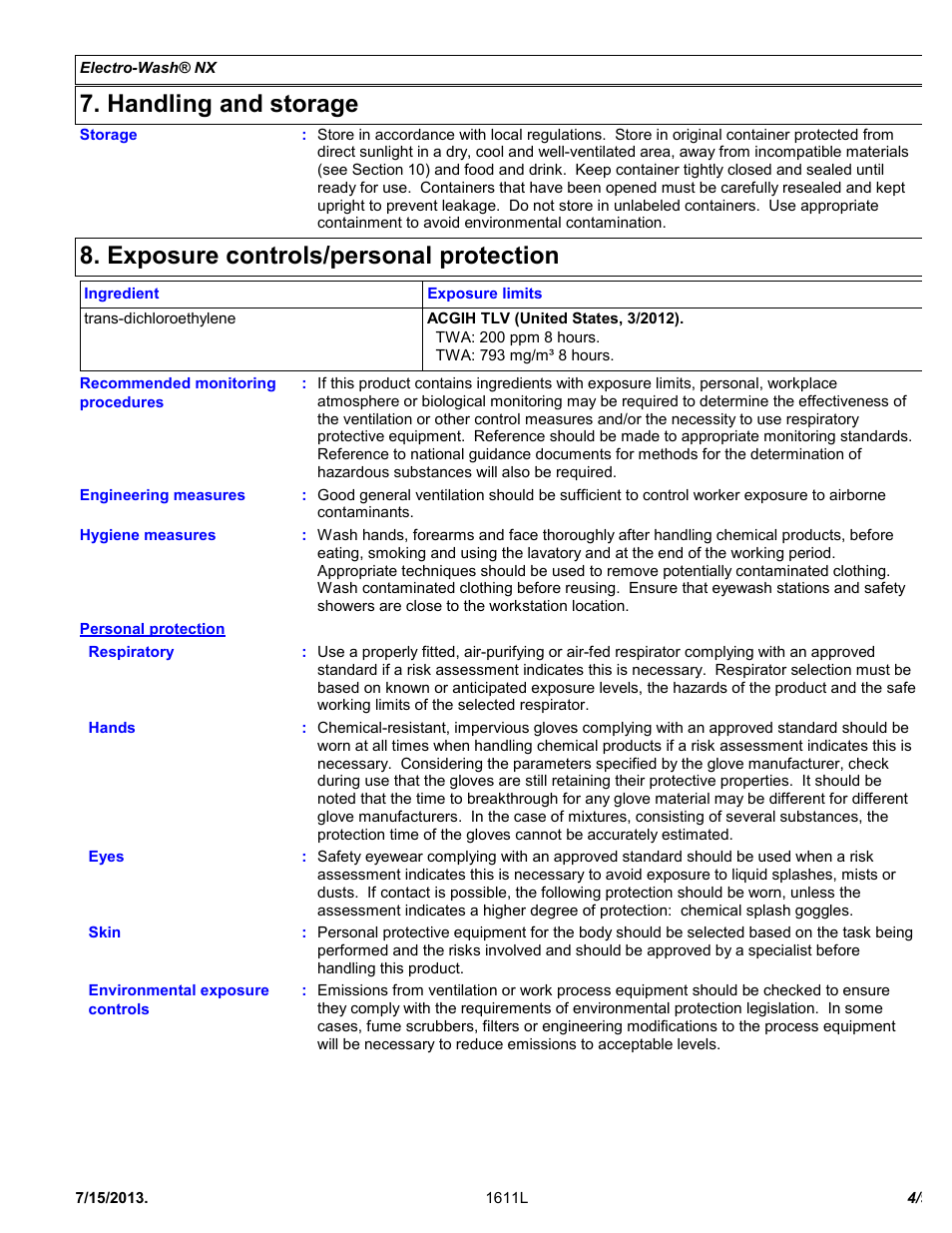 Handling and storage, Exposure controls/personal protection | Chemtronics Electro-Wash NX ES111 User Manual | Page 4 / 9