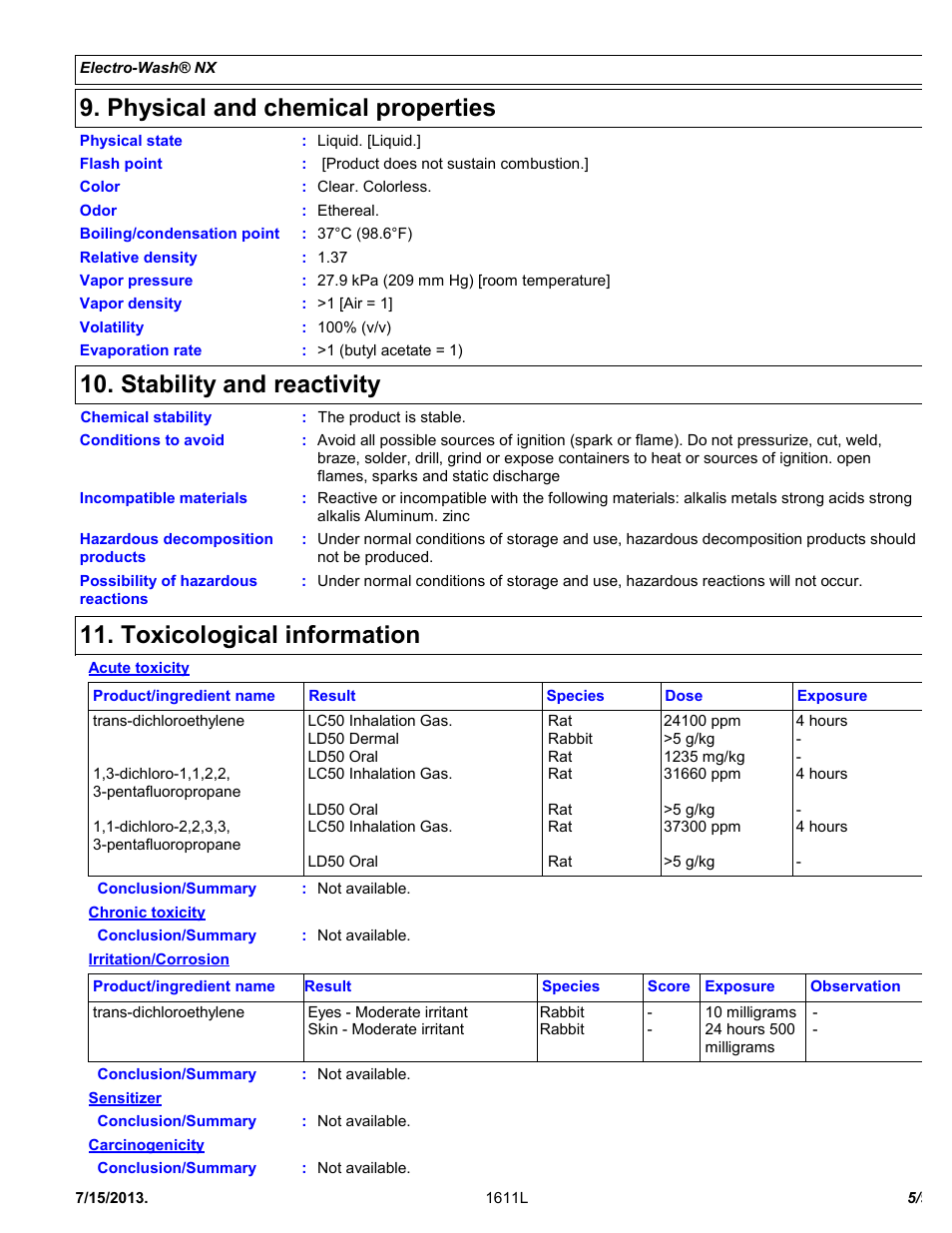Physical and chemical properties, Stability and reactivity, Toxicological information | Chemtronics Electro-Wash NX ES111 User Manual | Page 5 / 9
