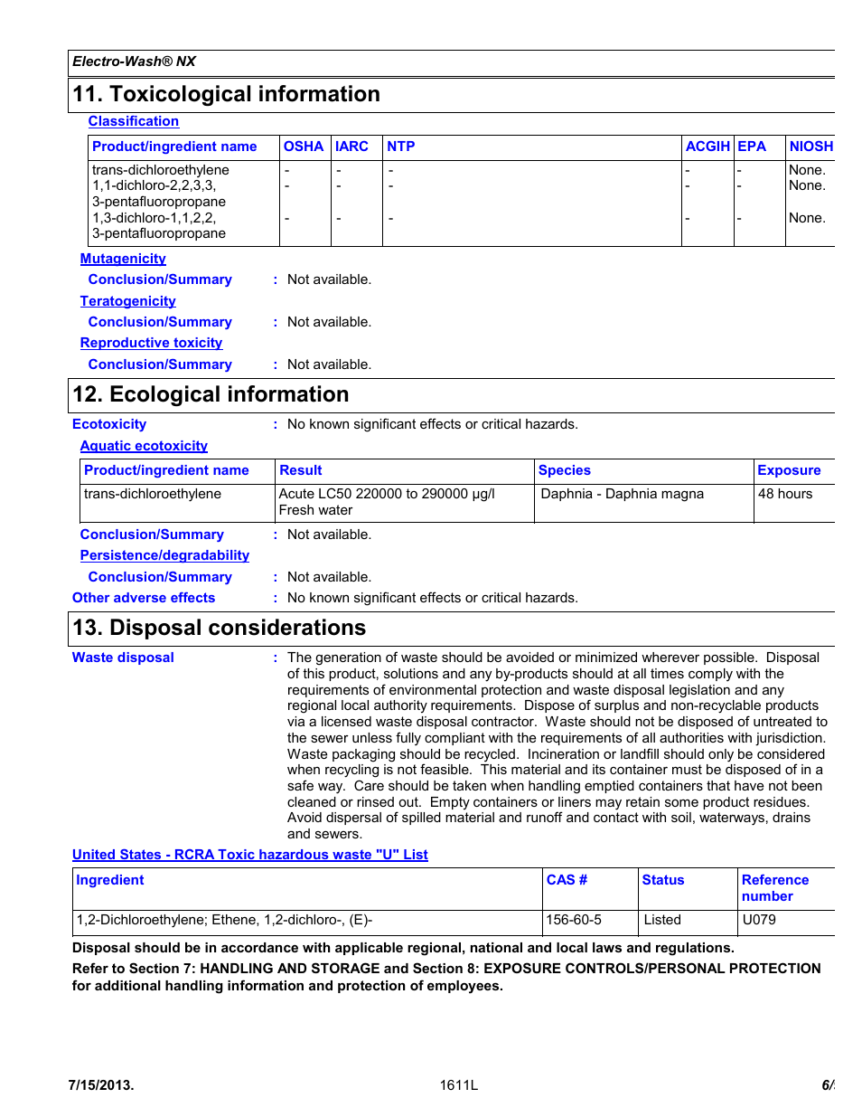 Toxicological information, Ecological information, Disposal considerations | Chemtronics Electro-Wash NX ES111 User Manual | Page 6 / 9