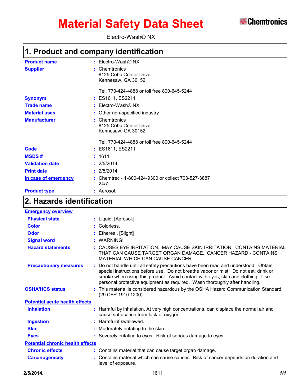 Chemtronics Electro-Wash NX ES1611 User Manual | 11 pages