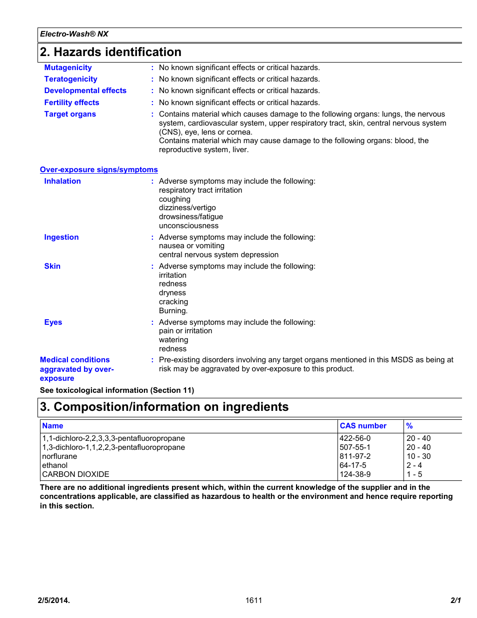 Hazards identification, Composition/information on ingredients | Chemtronics Electro-Wash NX ES1611 User Manual | Page 2 / 11