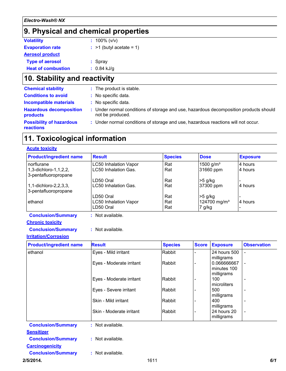Physical and chemical properties, Stability and reactivity, Toxicological information | Chemtronics Electro-Wash NX ES1611 User Manual | Page 6 / 11
