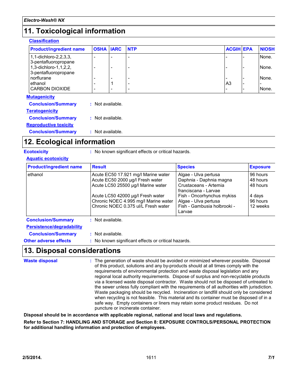 Toxicological information, Ecological information, Disposal considerations | Chemtronics Electro-Wash NX ES1611 User Manual | Page 7 / 11