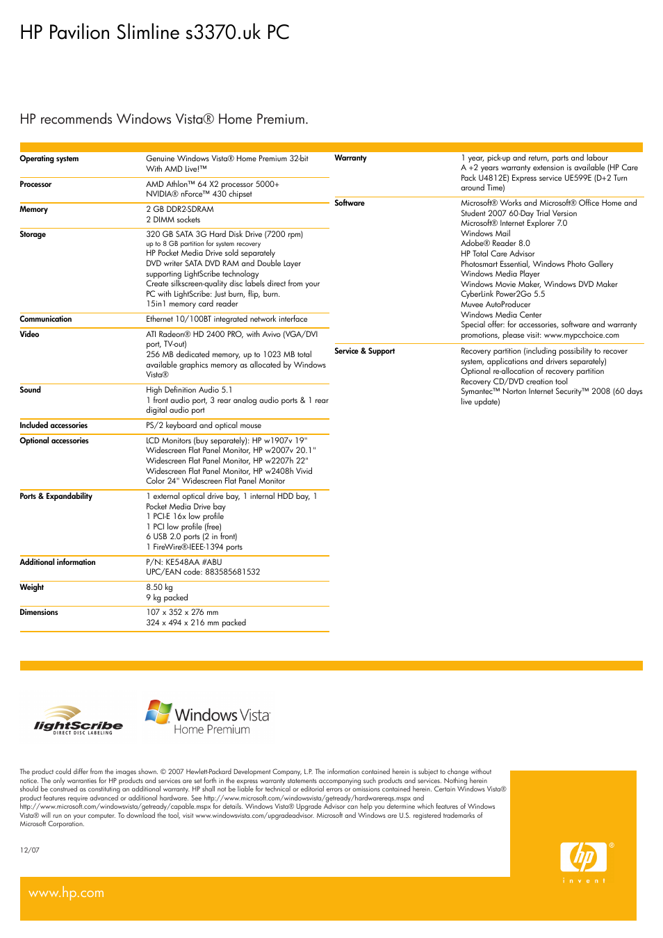 Hp pavilion slimline s3370.uk pc | BT s3370.uk User Manual | Page 2 / 2