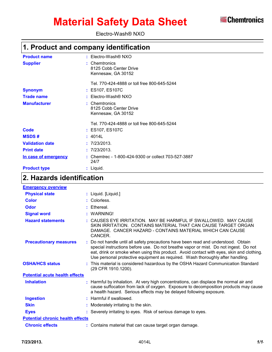 Chemtronics Electro-Wash NXO ES107 User Manual | 14 pages