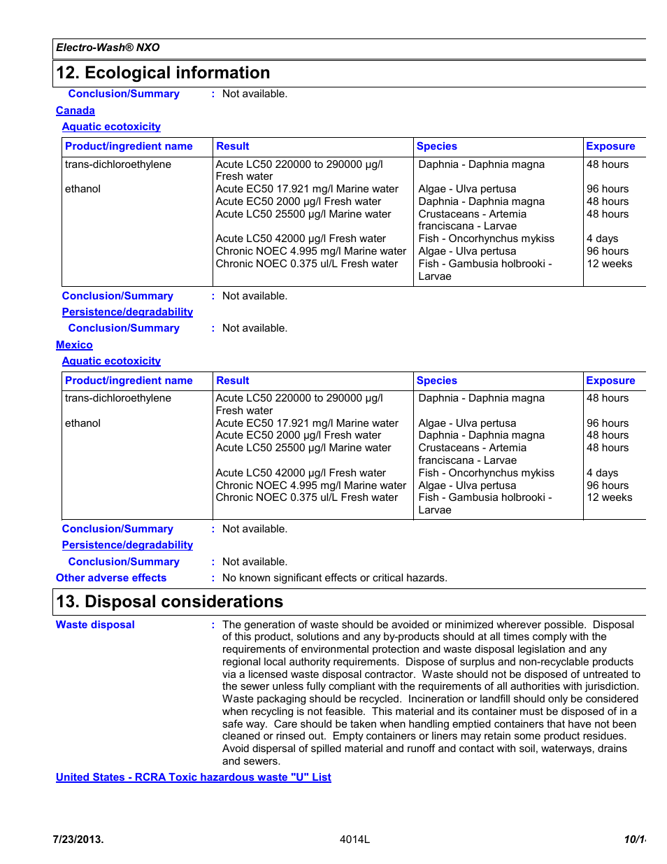 Ecological information, Disposal considerations | Chemtronics Electro-Wash NXO ES107 User Manual | Page 10 / 14