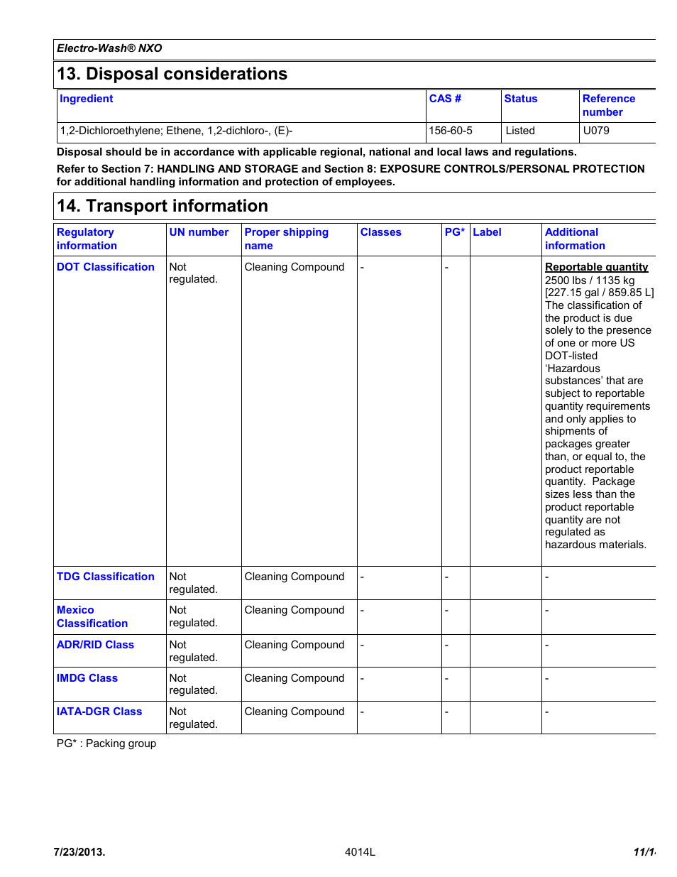 Disposal considerations, Transport information | Chemtronics Electro-Wash NXO ES107 User Manual | Page 11 / 14