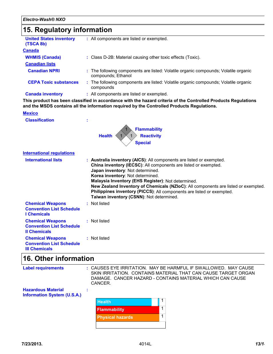 Regulatory information, Other information | Chemtronics Electro-Wash NXO ES107 User Manual | Page 13 / 14