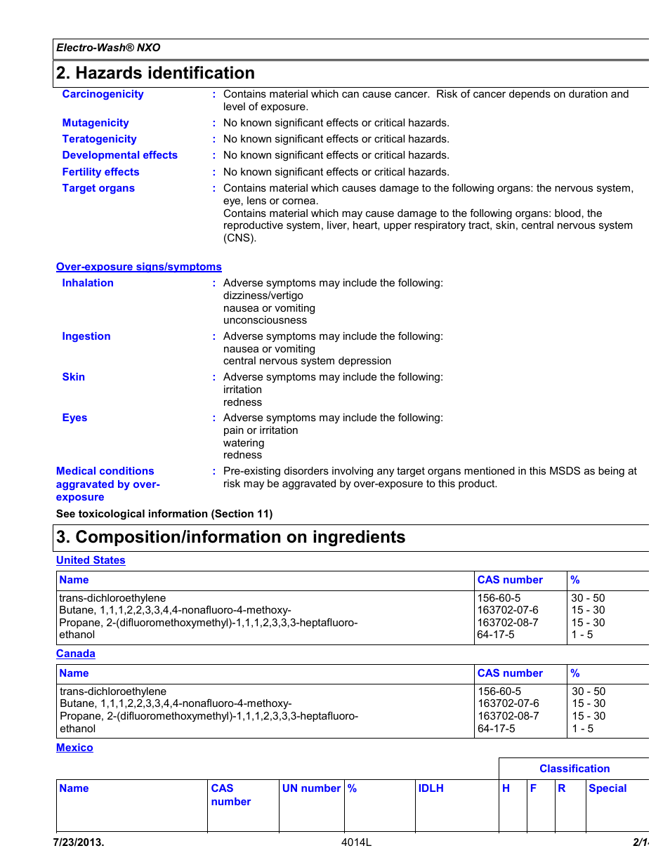 Hazards identification, Composition/information on ingredients | Chemtronics Electro-Wash NXO ES107 User Manual | Page 2 / 14