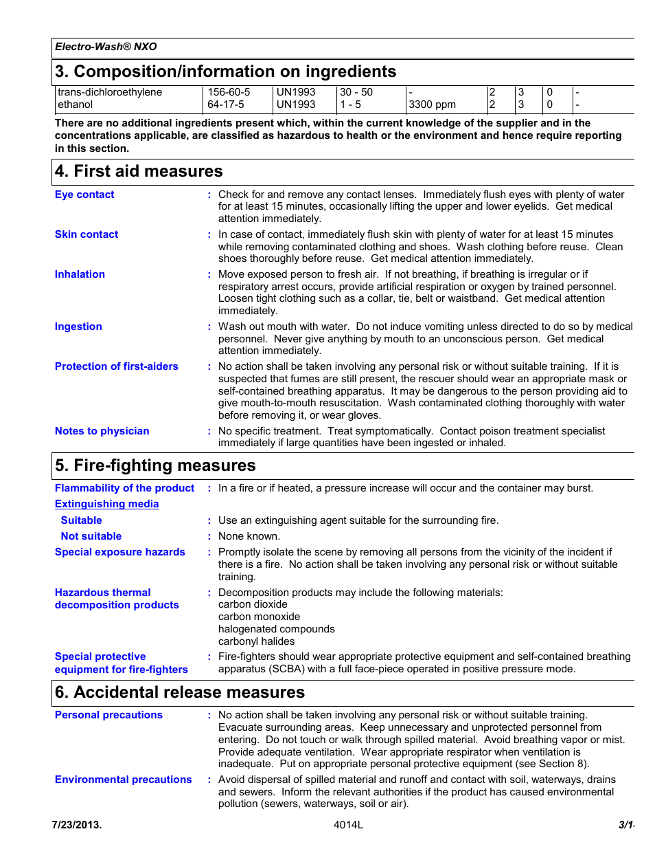 Composition/information on ingredients, First aid measures, Fire-fighting measures | Accidental release measures | Chemtronics Electro-Wash NXO ES107 User Manual | Page 3 / 14
