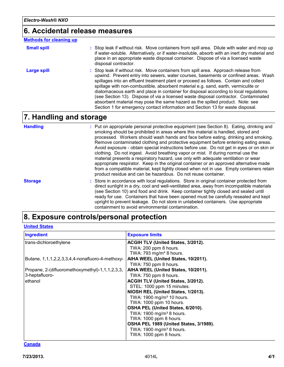 Accidental release measures, Handling and storage, Exposure controls/personal protection | Chemtronics Electro-Wash NXO ES107 User Manual | Page 4 / 14