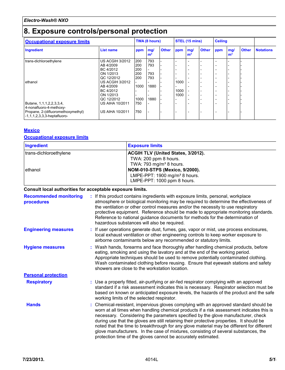 Exposure controls/personal protection | Chemtronics Electro-Wash NXO ES107 User Manual | Page 5 / 14