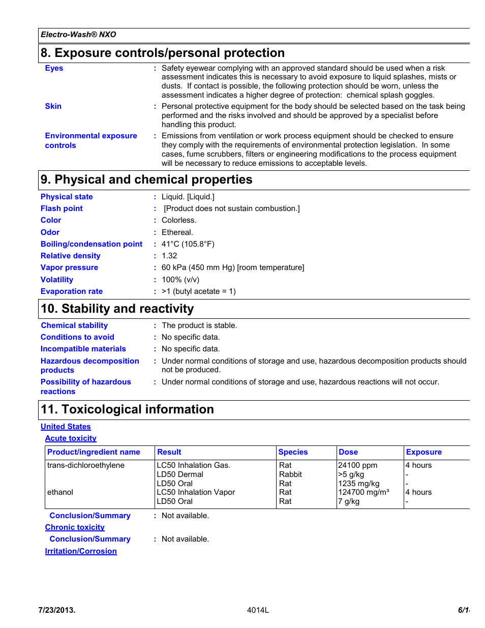Exposure controls/personal protection, Physical and chemical properties, Stability and reactivity | Toxicological information | Chemtronics Electro-Wash NXO ES107 User Manual | Page 6 / 14