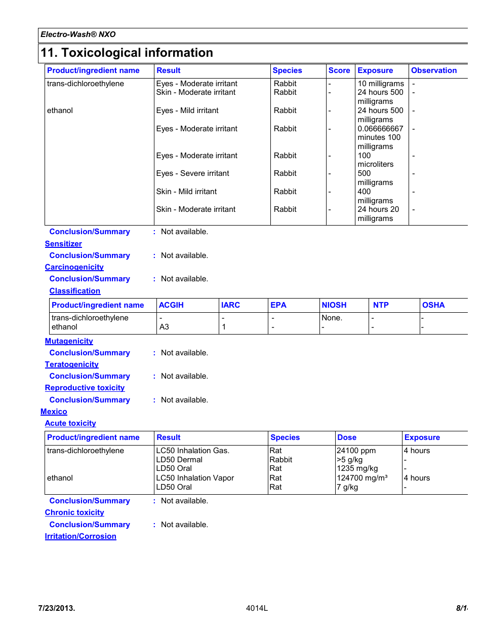Toxicological information | Chemtronics Electro-Wash NXO ES107 User Manual | Page 8 / 14
