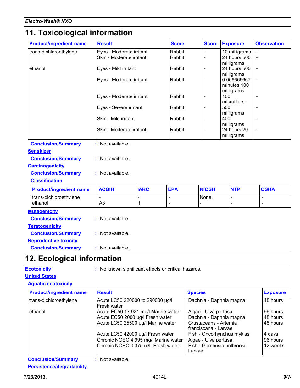 Toxicological information, Ecological information | Chemtronics Electro-Wash NXO ES107 User Manual | Page 9 / 14