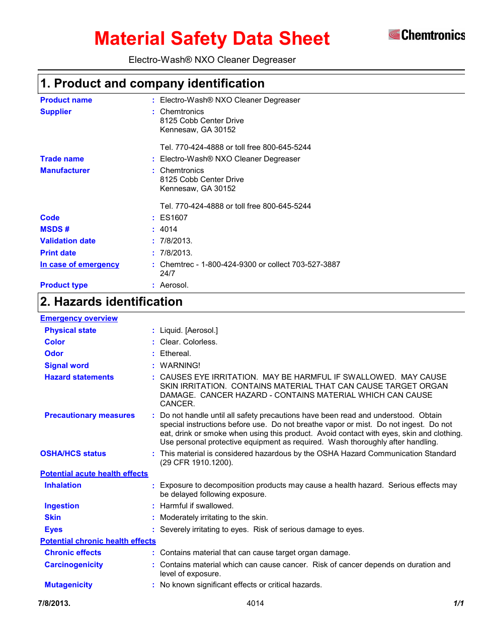 Chemtronics Electro-Wash NXO ES1607 User Manual | 11 pages